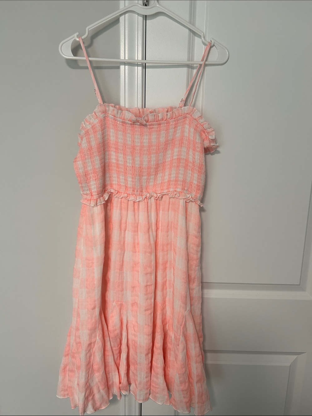 Pink Lily Coral Pink Gingham Smocked Sundress with Ruffle Detail